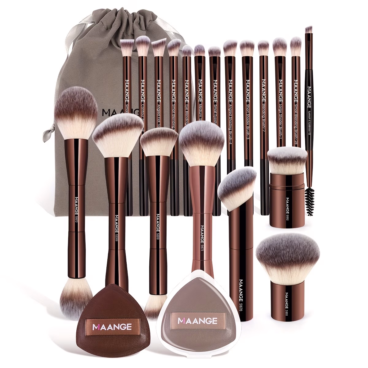 MAANGE 23pcs Makeup Tool Set – Complete Set with Aluminum Tube Makeup Brushes, Cushion Puffs, and Velvet Bag
