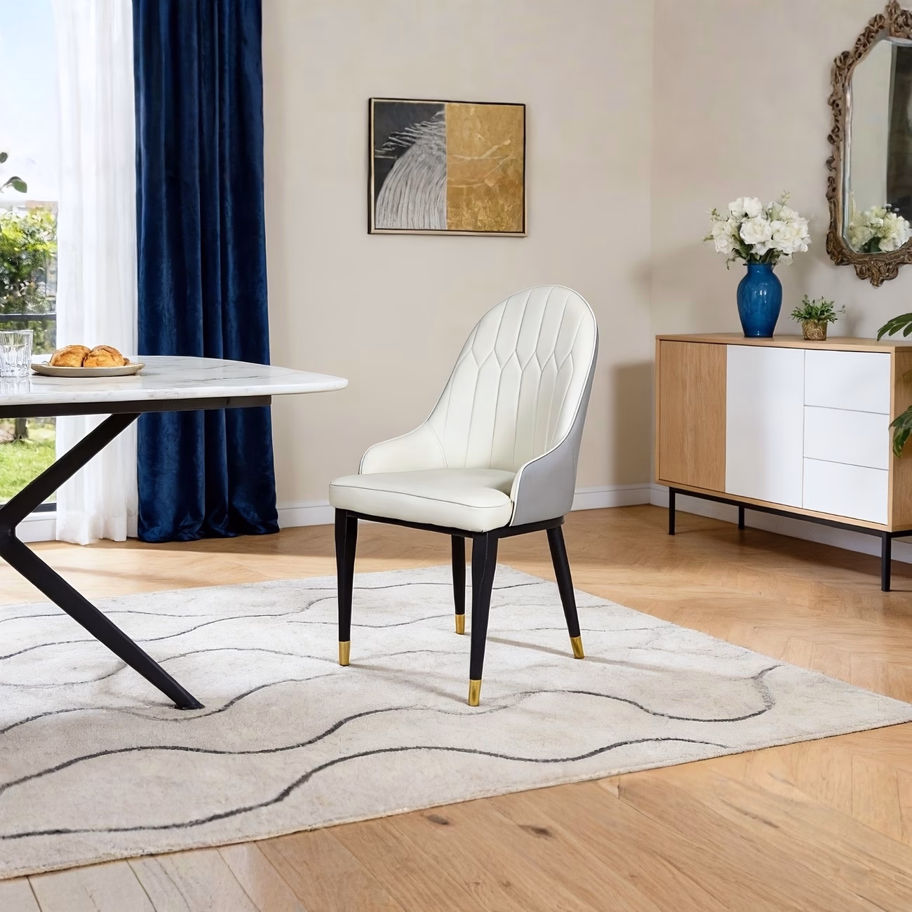 Modern Dining Chair Set of 4 – Three-Tone Beige/Grey Vegan Leather with Golden Accents