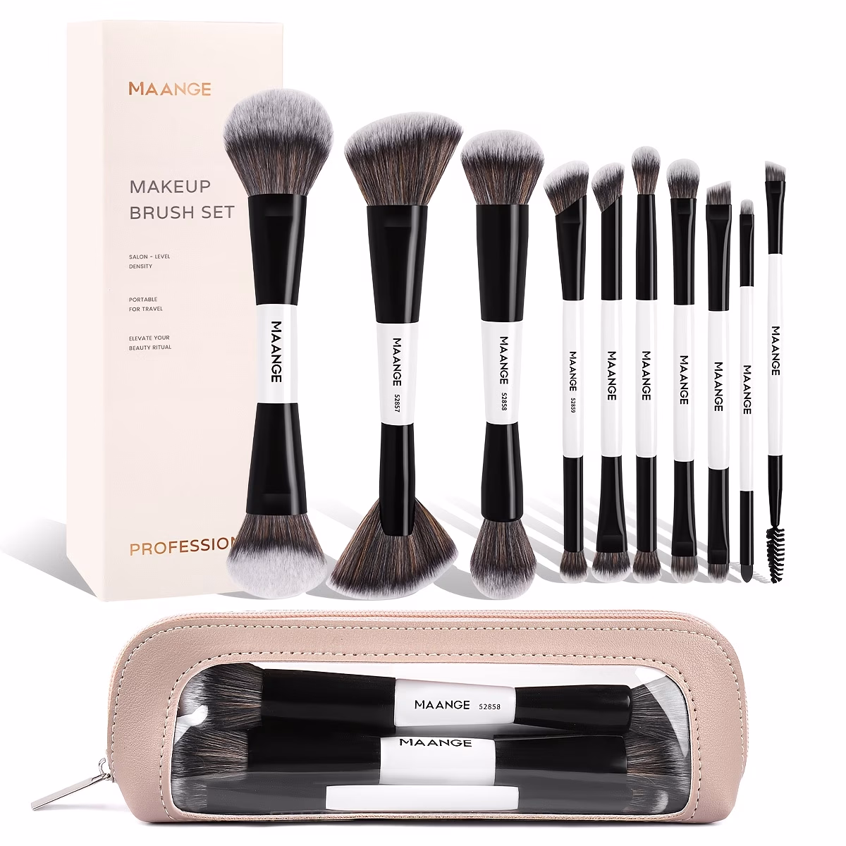 MAANGE 10pcs Professional Double-Headed Blush & Eyeshadow Makeup Brush Set – Soft Nylon Bristles for Precise Application