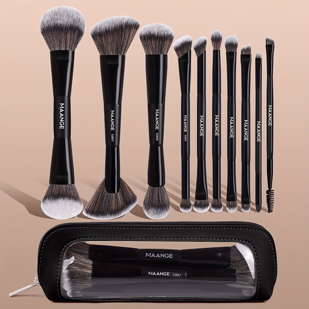MAANGE 10pcs Professional Double-Headed Blush & Eyeshadow Makeup Brush Set – Soft Nylon Bristles for Precise Application