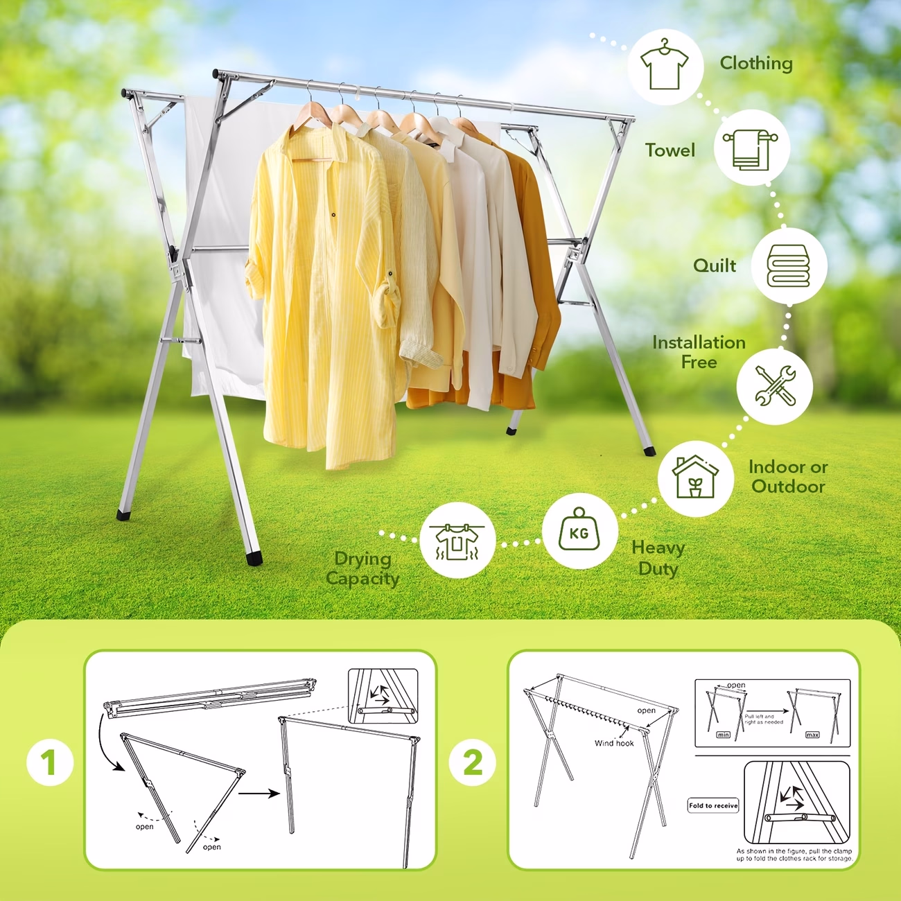 Maxkon Clothes Drying Airer – Stainless Steel Garment Rack Laundry Adjustable Foldable