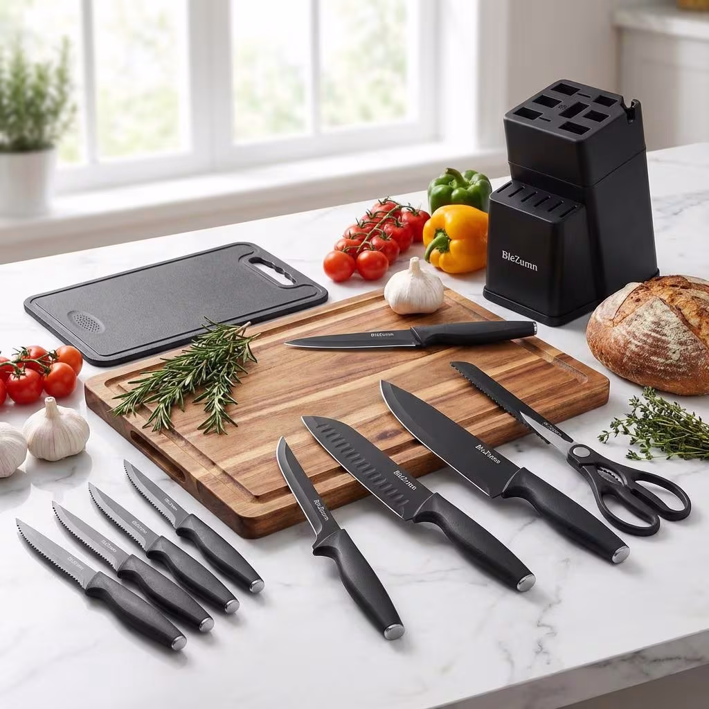 BieZumn 15pcs Black Kitchen Knife Set – Highly Cost-Effective, Including Sharp Vegetable, Chef's, Santoku, Fruit, Bread, Steak Knives