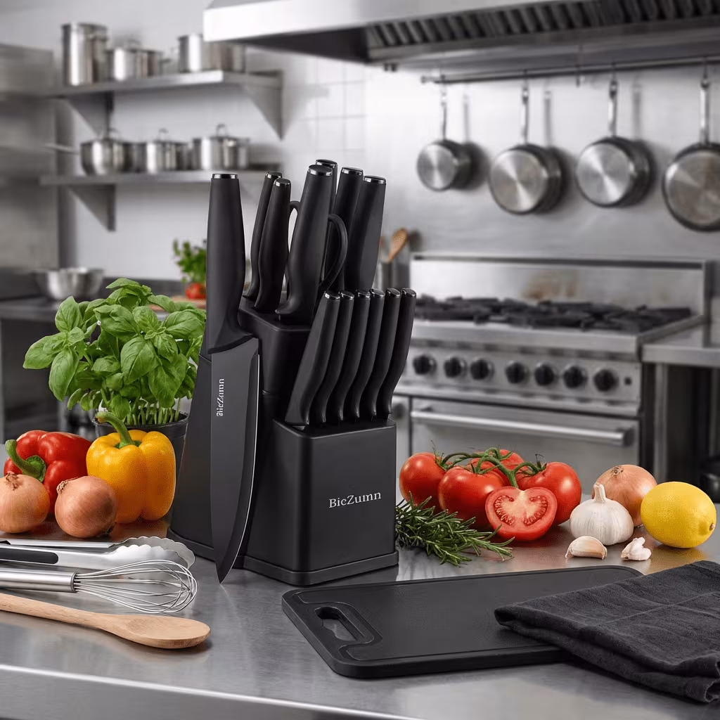 BieZumn 15pcs Black Kitchen Knife Set – Highly Cost-Effective, Including Sharp Vegetable, Chef's, Santoku, Fruit, Bread, Steak Knives