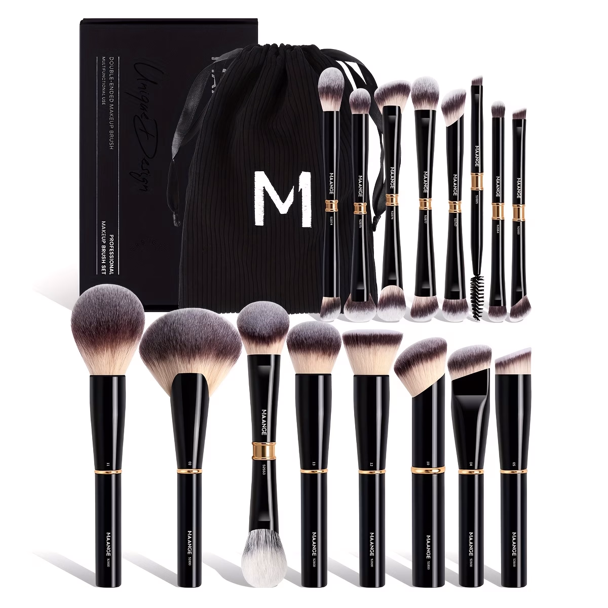 MAANGE 16pcs Professional Makeup Brush Set with Aluminum Tubes & Storage Bag – Luxury Gift Box