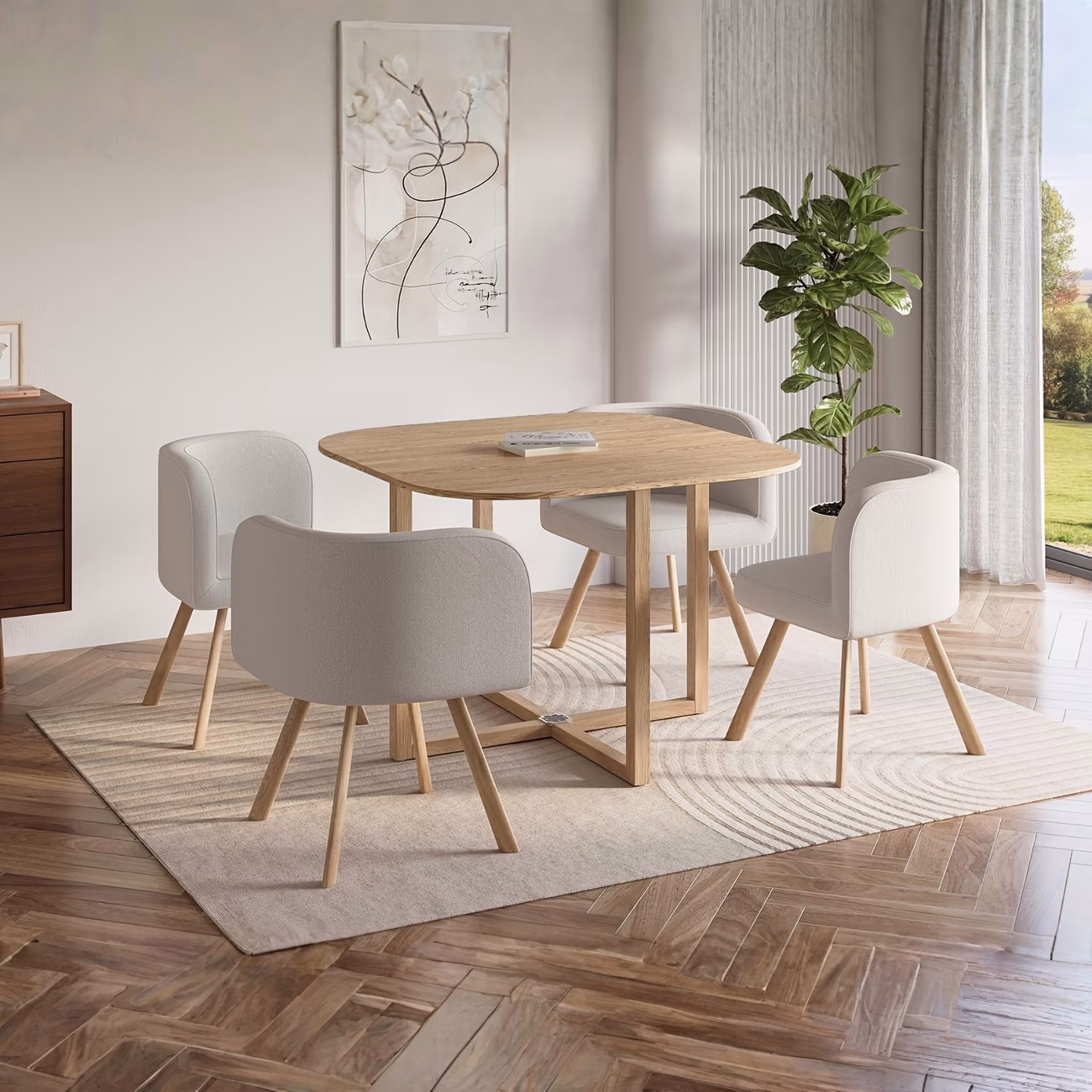 Space Saver Dining Set – Modern Wood-Look Table with 4 Upholstered Chairs
