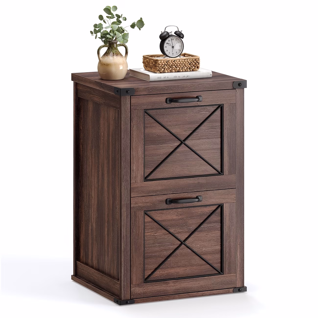 2-Drawer Storage Cabinet with Adjustable Hanging Rail – Rustic Wood & Metal Corner Storage