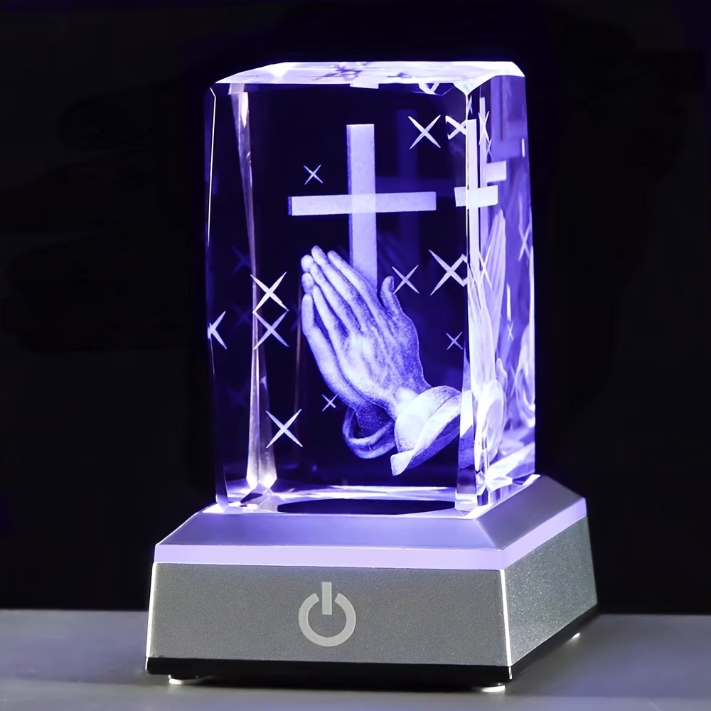Mission Style 3D Crystal Cross with Praying Hands – Multicolor LED Light Base