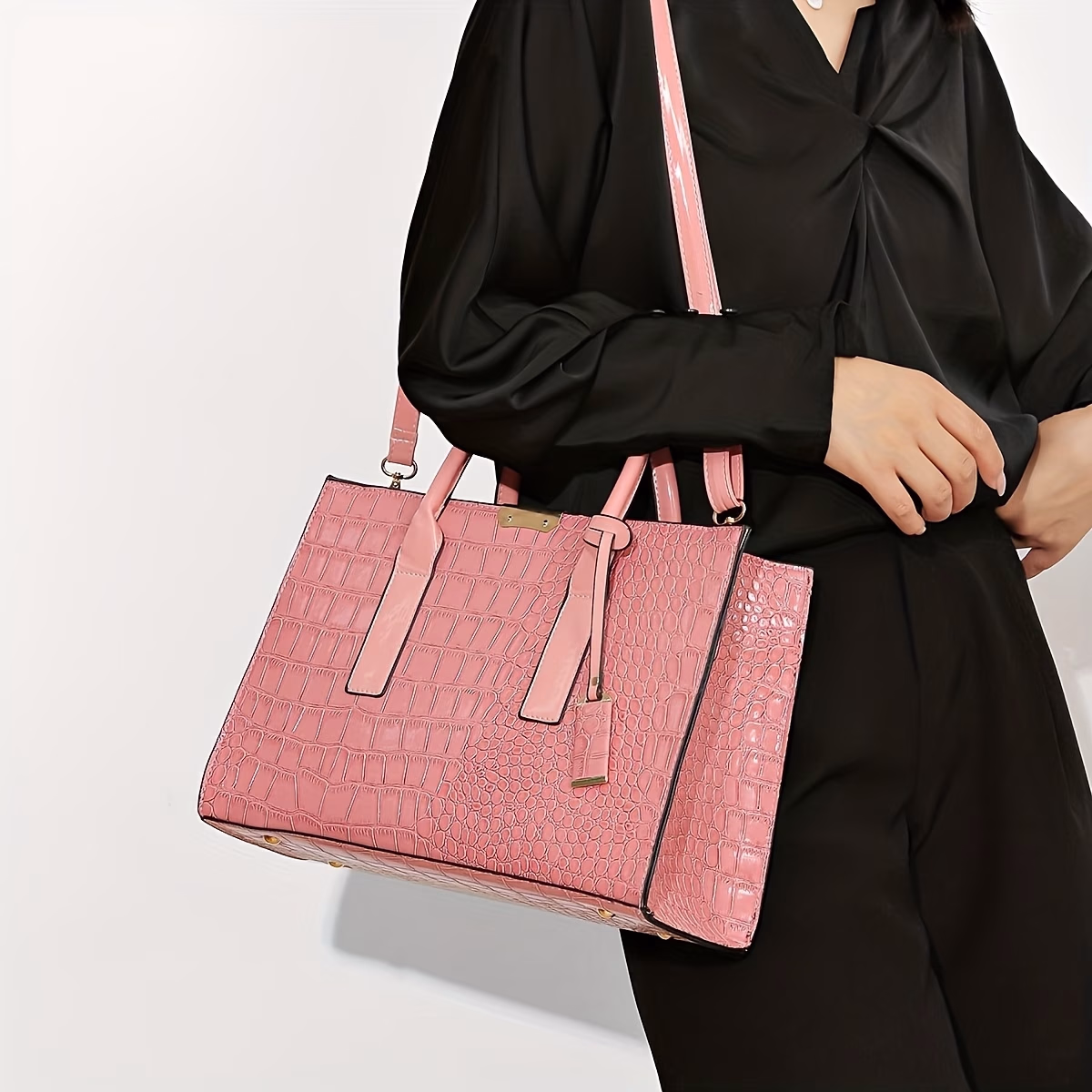 LABOONOO Fashionable and Trendy All-Match Solid Color Crocodile Pattern Women's Handbag