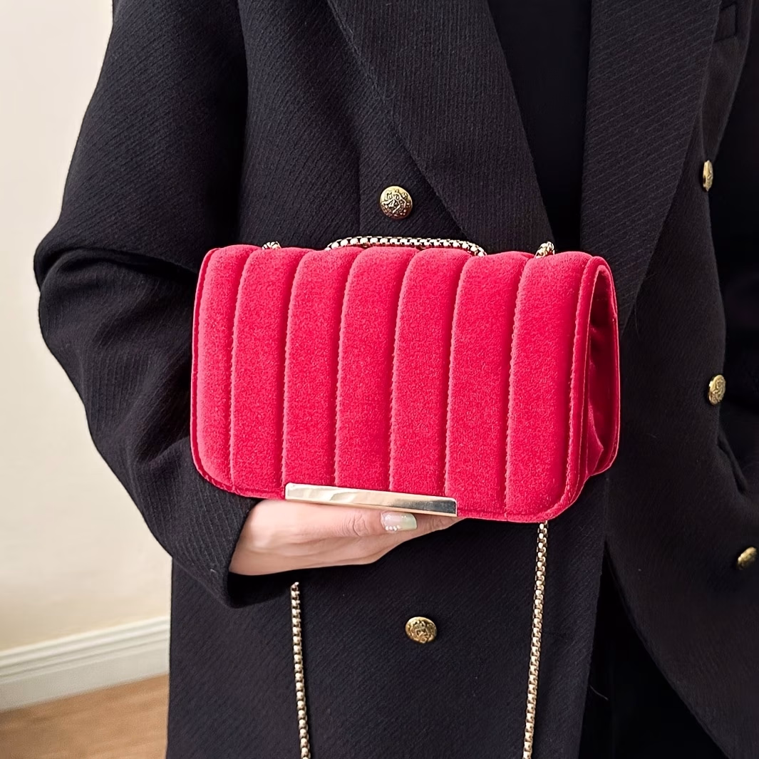 LABOONOO Women's Crossbody Bag – Solid Color Corduroy Small Square Bag with Chain and Buckle