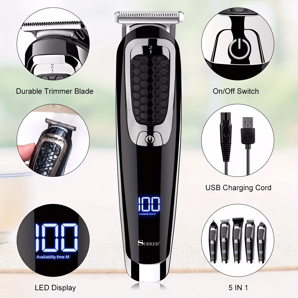 HATTEKER Surker Body Grooming Kit – 5-in-1 Professional Hair Clipper for Men