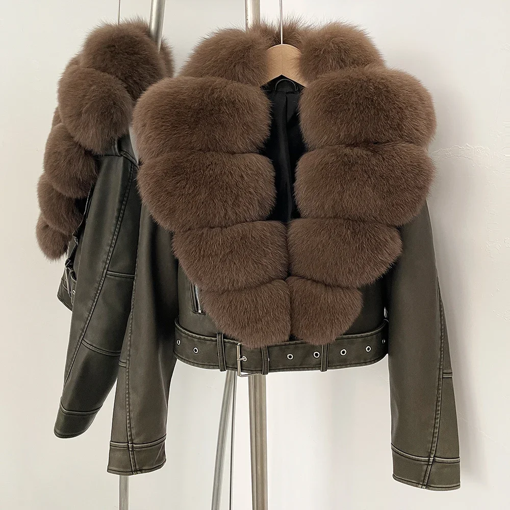 Color: Fuchsia, Size: S - Fake Leather Coat New Natural Fox Fur Autumn Short Faux Leather Jacket Female Spring PU Women Long Sleeve Real Fur Coat Thin