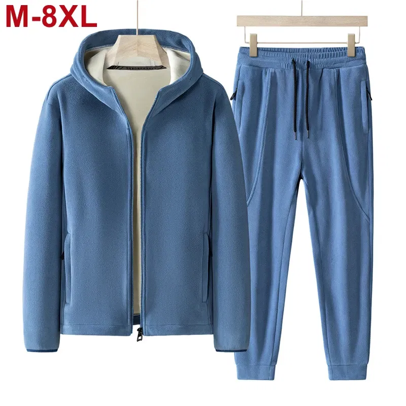 Color: Navy Blue, Size: 4XL - Plus Size 7xl 8xl Men's 2pcs Tracksuit Sets Winter Warm Polar Fleece Liner Jacket+pants Set Men Casual Thick Sportswear Clothes