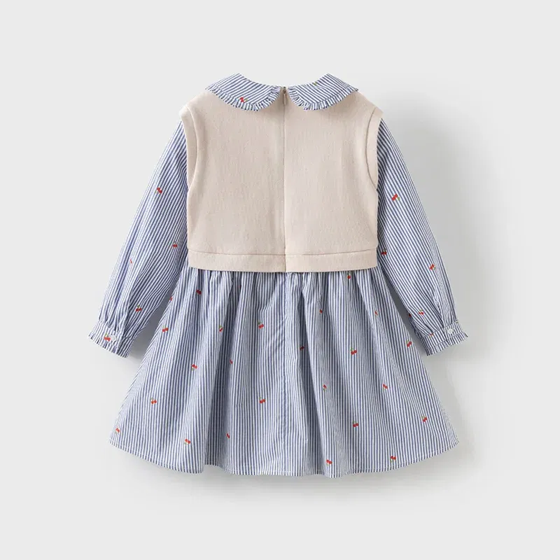 Dave Bella Children's Princess Dress Spring Sweet Cute Cherry Print Striped Long Sleeve Cotton Girls Baby Dress Party DK1250369