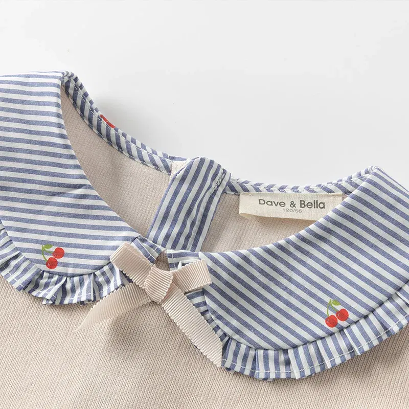 Dave Bella Children's Princess Dress Spring Sweet Cute Cherry Print Striped Long Sleeve Cotton Girls Baby Dress Party DK1250369