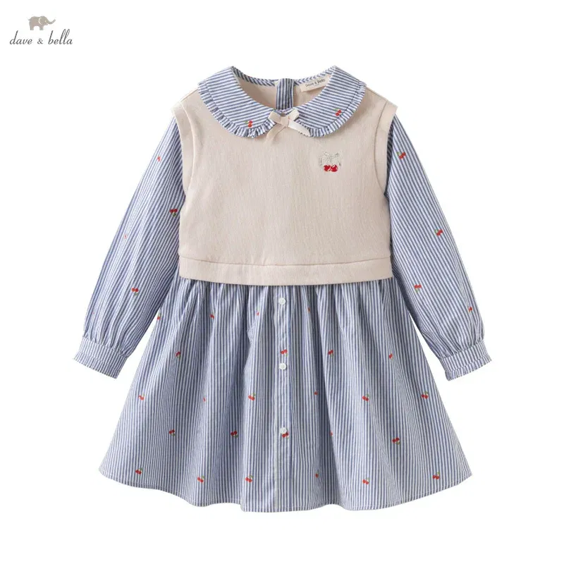 Dave Bella Children's Princess Dress Spring Sweet Cute Cherry Print Striped Long Sleeve Cotton Girls Baby Dress Party DK1250369