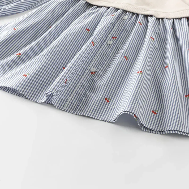 Dave Bella Children's Princess Dress Spring Sweet Cute Cherry Print Striped Long Sleeve Cotton Girls Baby Dress Party DK1250369