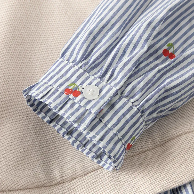 Dave Bella Children's Princess Dress Spring Sweet Cute Cherry Print Striped Long Sleeve Cotton Girls Baby Dress Party DK1250369