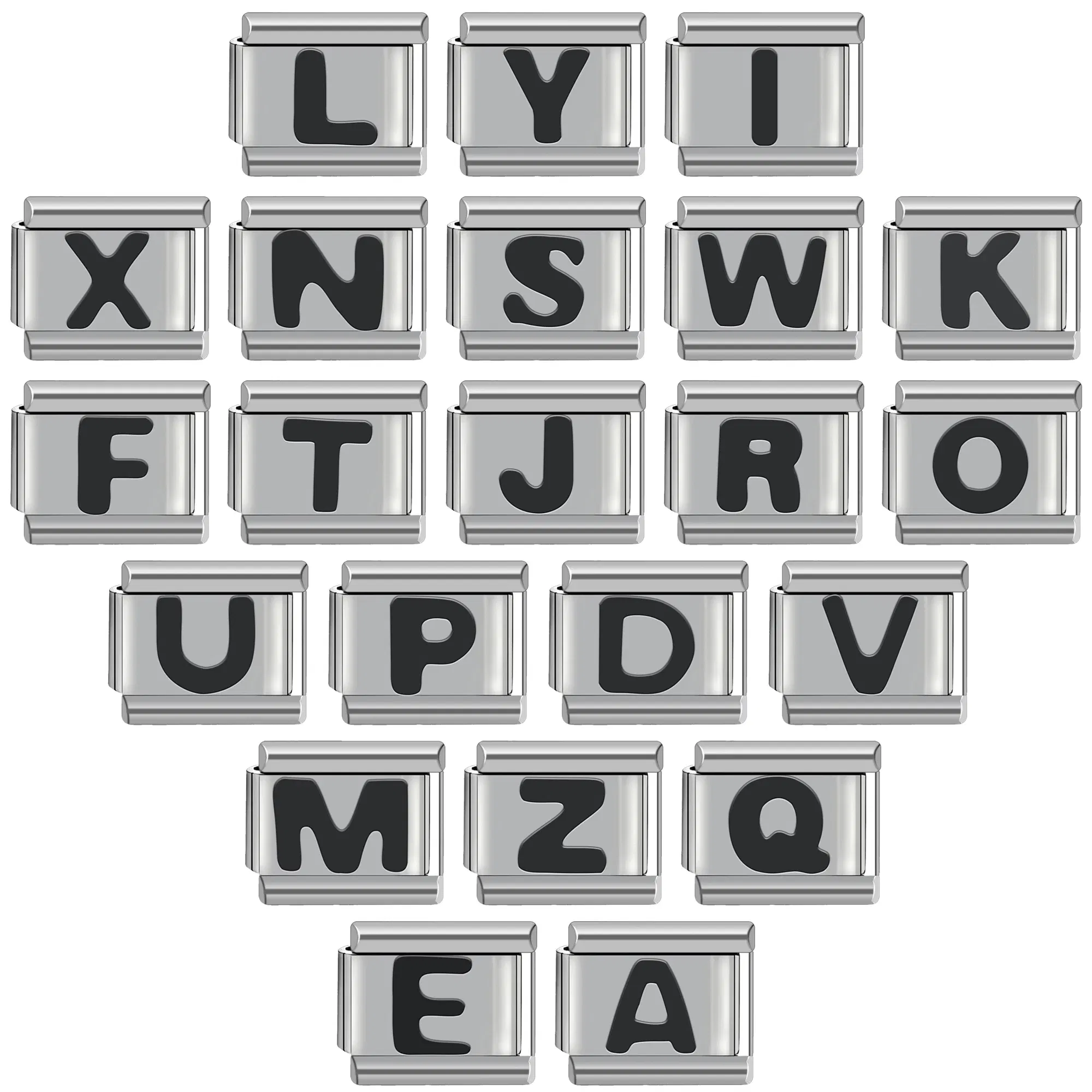 Metal Color: Imitation Rhodium Plated - Black 26 Letter 9mm Diy Italian Charm Stainless Steel Bracelet