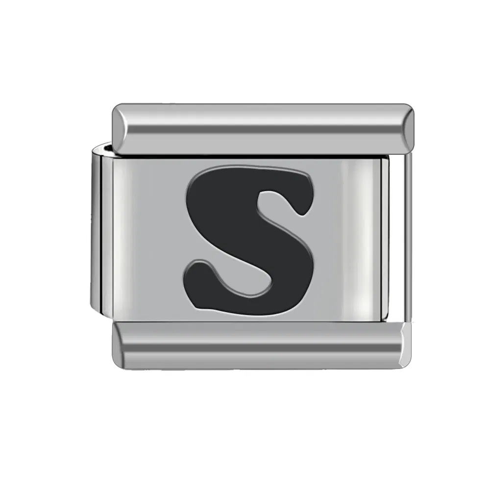 Metal Color: Imitation Rhodium Plated - Black 26 Letter 9mm Diy Italian Charm Stainless Steel Bracelet