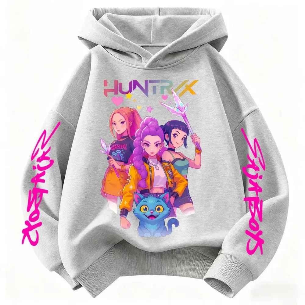 Color: Beige, Kid Size: 4 - Movie KPop Demon Hunters Rumi Mira Zoey Graphic Hoodie Men's Women Korean Fashion Trend Streetwear Unisex Casual Fleece Pullover