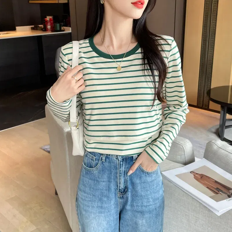 Color: green, Maternity Size: XXL - Striped Cotton Maternity Nursing Tees Casual Long Sleeve Breastfeeding T Shirts For Pregnant Women After Delivery Lacation Tops