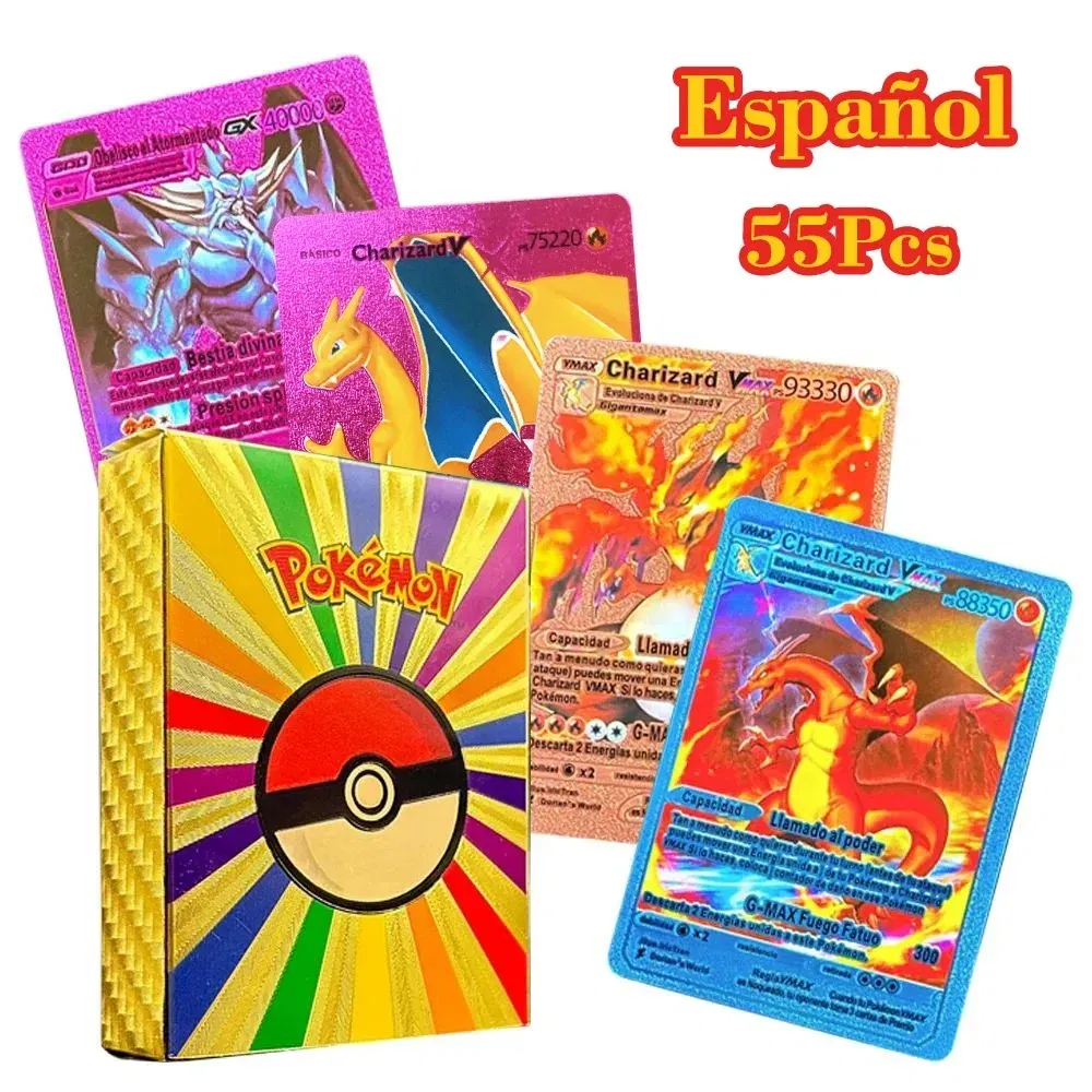 Color: Brown - 55PCS Pokemon Colorful Gold Foil Card Charizard Pikachu Arceus Diamond Rainbow English French German Spanish VSTAR GX VMAX Cards