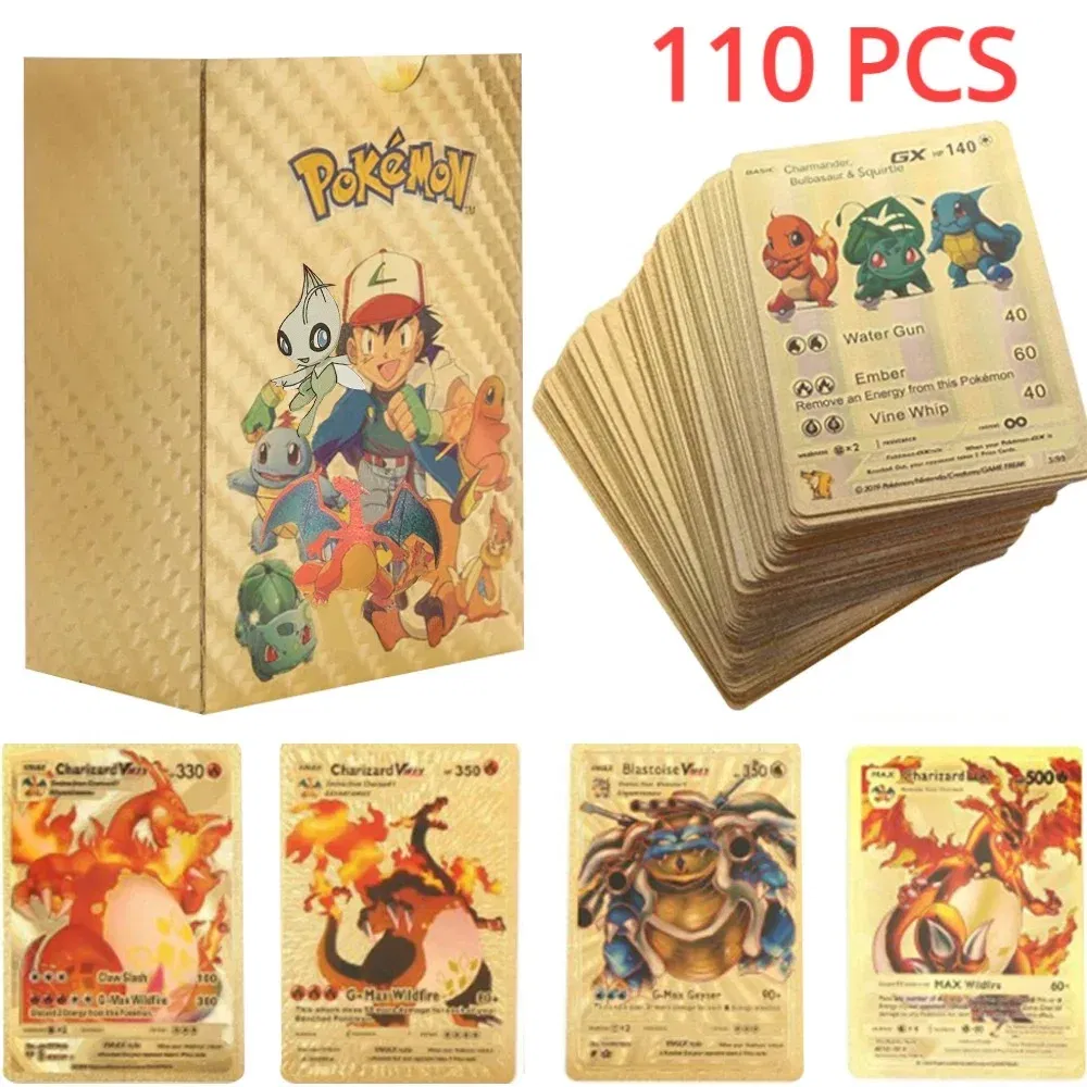 Color: Brown - 55PCS Pokemon Colorful Gold Foil Card Charizard Pikachu Arceus Diamond Rainbow English French German Spanish VSTAR GX VMAX Cards