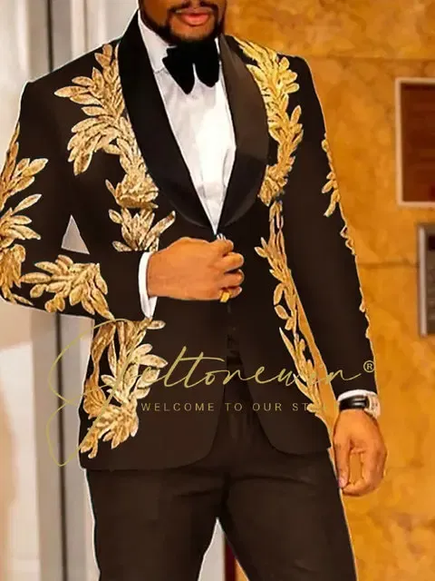 Color: Brown, Size: XS - Luxury Groom Wedding Tuxedos Gold Sequins Appliques Black Men Suits Slim Fit Costume Homme Marriage Prom Suits