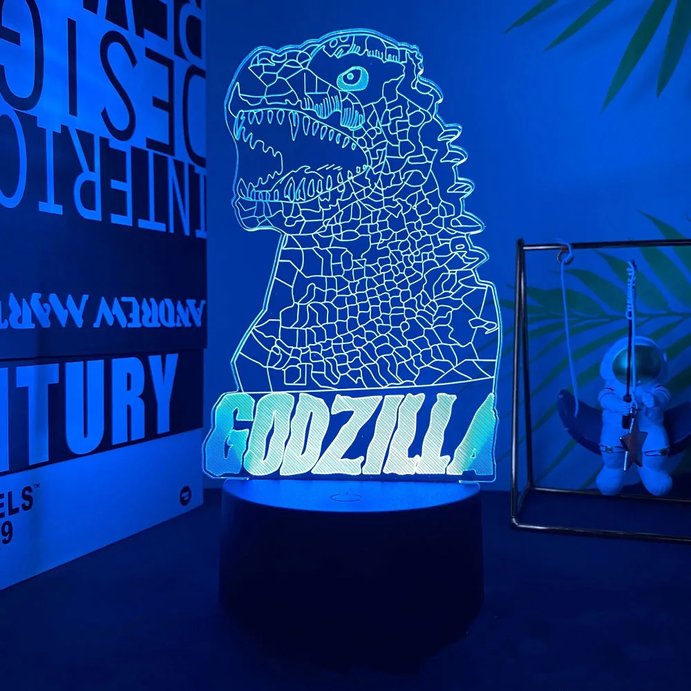 Color: WHITE, Emitting Color: Blue - Hot Toys Godzilla 3D Acrylic Night Light 16 Colors Dimmable USB Desk Lamp Birthday Gift for Boys and Girls Christmas Gift