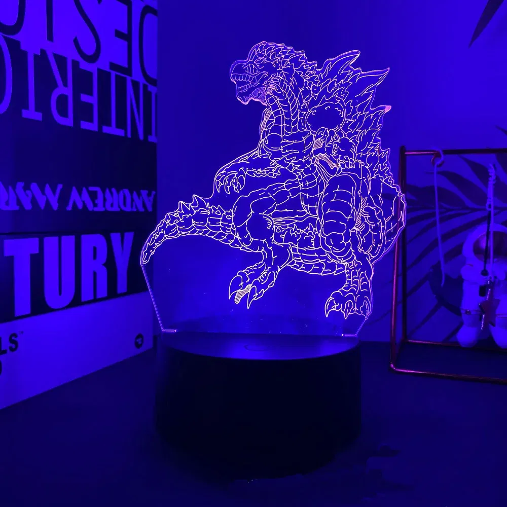 Color: WHITE, Emitting Color: Blue - Hot Toys Godzilla 3D Acrylic Night Light 16 Colors Dimmable USB Desk Lamp Birthday Gift for Boys and Girls Christmas Gift
