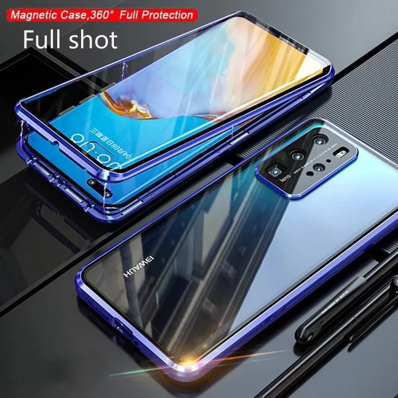 Color: Blue, Material: Aluminum - Phone Case Shell Double sided Protection Cover For Huawei P30 Pro P40 Pro Plus P40 Lite 5G Magnetic Adsorption Phone Sleeve bag