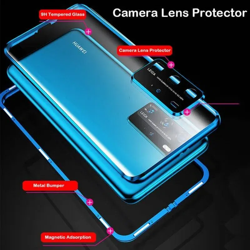Color: Blue, Material: Aluminum - Phone Case Shell Double sided Protection Cover For Huawei P30 Pro P40 Pro Plus P40 Lite 5G Magnetic Adsorption Phone Sleeve bag