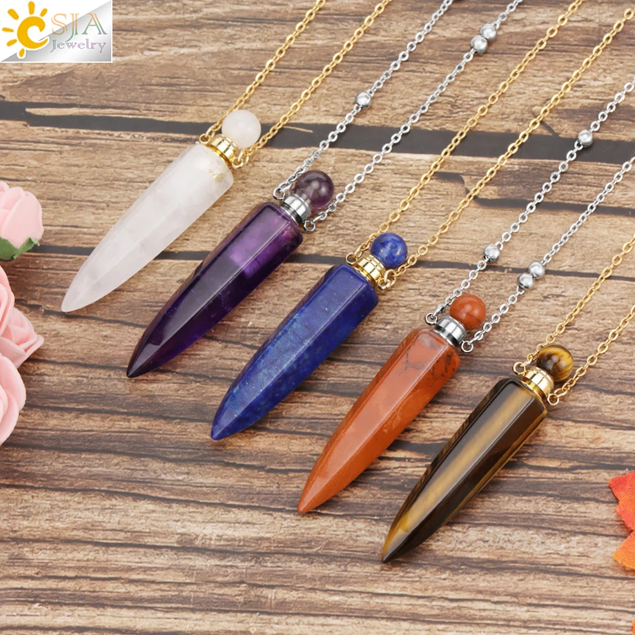 Metal color: Rhodium Plated - CSJA Crystal Perfume Bottle Women Necklace Natural Stone Hexagonal Cone Pendant Reiki Oil Diffuser Necklaces Christmas Gift H358