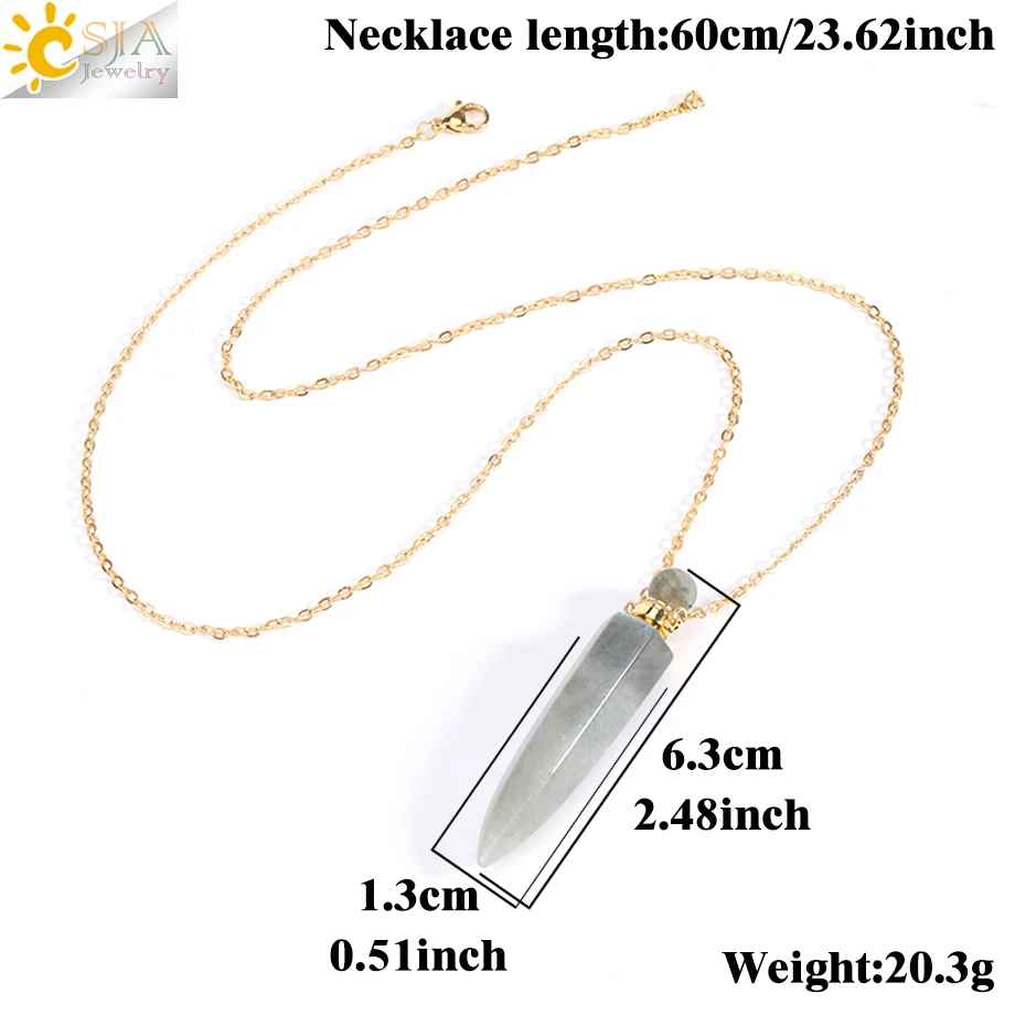 Metal color: Rhodium Plated - CSJA Crystal Perfume Bottle Women Necklace Natural Stone Hexagonal Cone Pendant Reiki Oil Diffuser Necklaces Christmas Gift H358