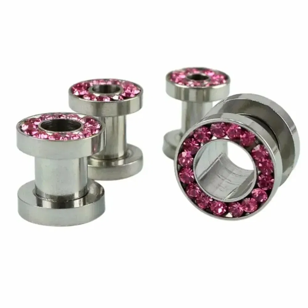 Metal color: Gold-color, Main Stone Color: Silver - 2pc Steel Multicolour Crystal Ear Plug Flesh Tunnel 8g ( 3mm ) - 1" ( 25mm ) Gauge Expander Stretcher Screw Fit