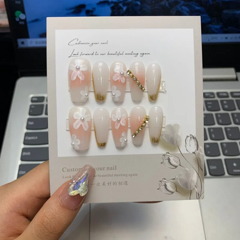 Color: Red - 10 pcs Luxury Handmade Press on Nails Middle Trapezoid Pear Blossom Design False Nails with 4-PIECE Tool Adhesive Nail Glue Tabs