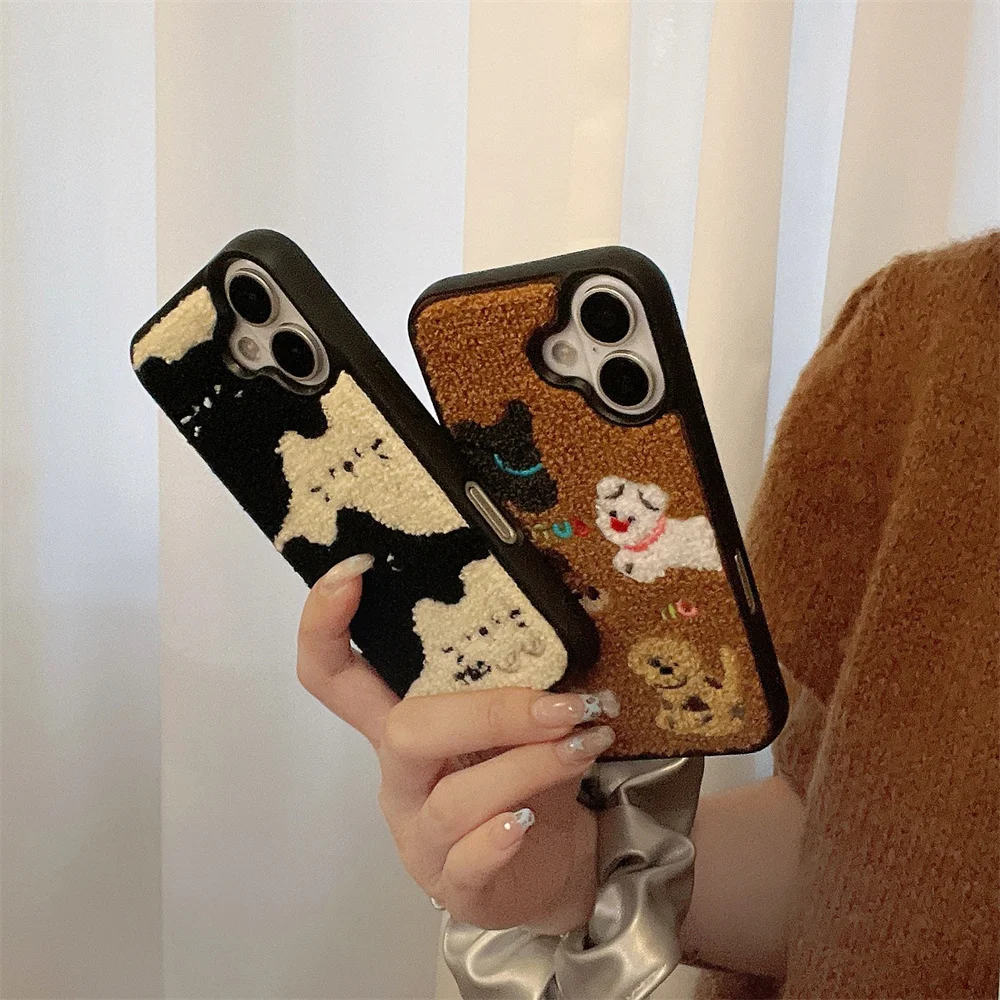 Color: black, Material: tpu - Luxury Cartoon Embroidery Cute Dog Cats Colorful Dots Phone Case For iPhone 13 14 15 16 Pro Max Plush Winter Shockproof Cover