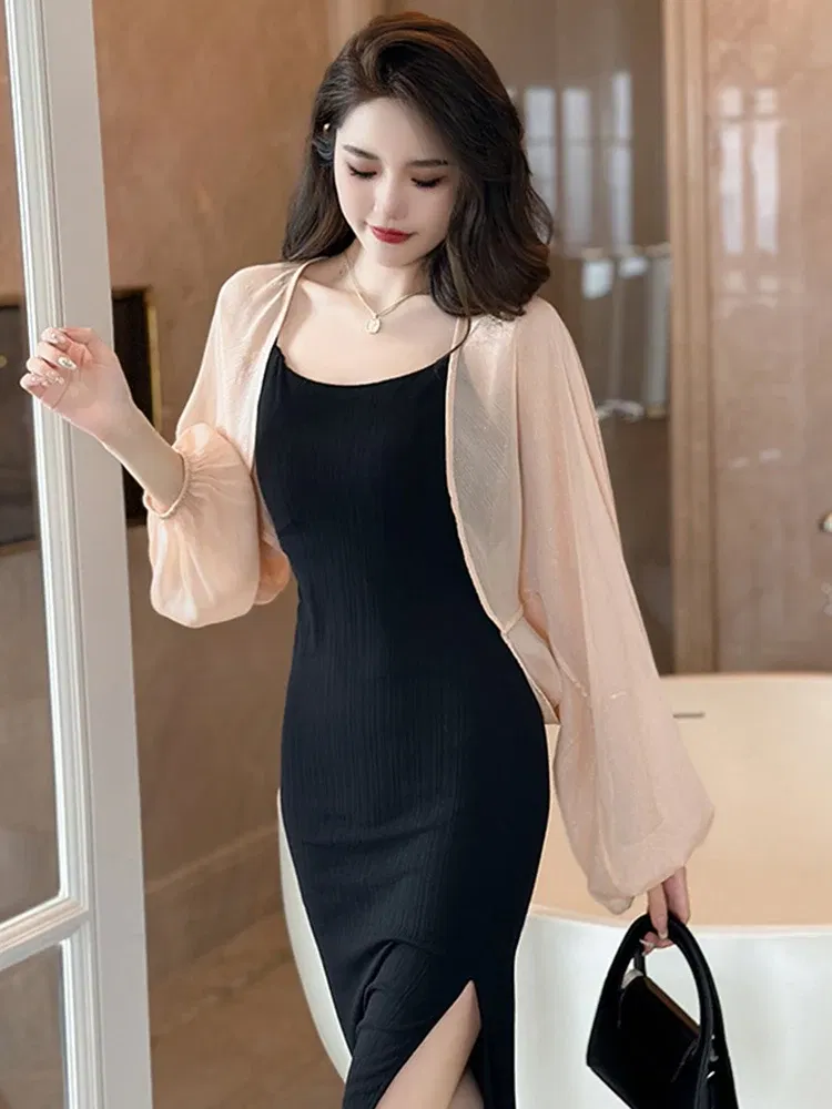 Color: Pink, Size: S, Ships From: CN - 2023 Elegant Chic Sunscreen Tops Women's Summer Thin Cardigan Coat Light Thin Long Sleeve Back Slit Outwear Sheer Loose Jackets
