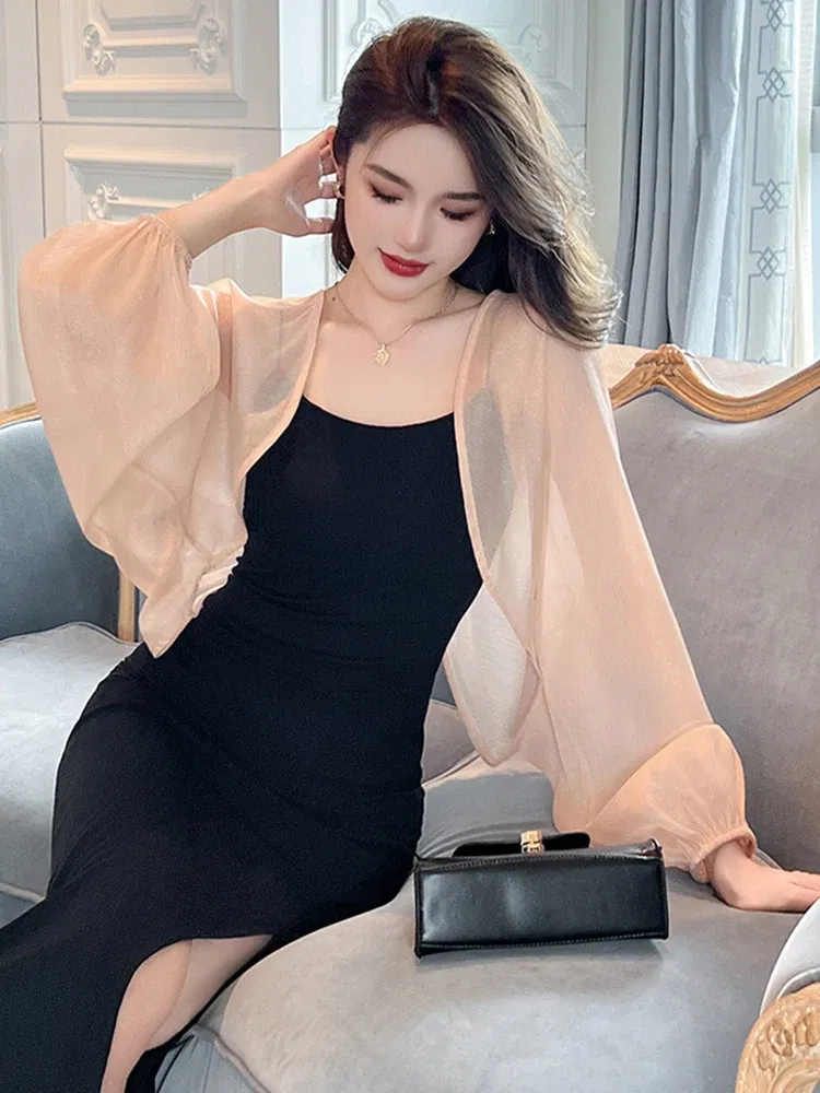 Color: Pink, Size: S, Ships From: CN - 2023 Elegant Chic Sunscreen Tops Women's Summer Thin Cardigan Coat Light Thin Long Sleeve Back Slit Outwear Sheer Loose Jackets