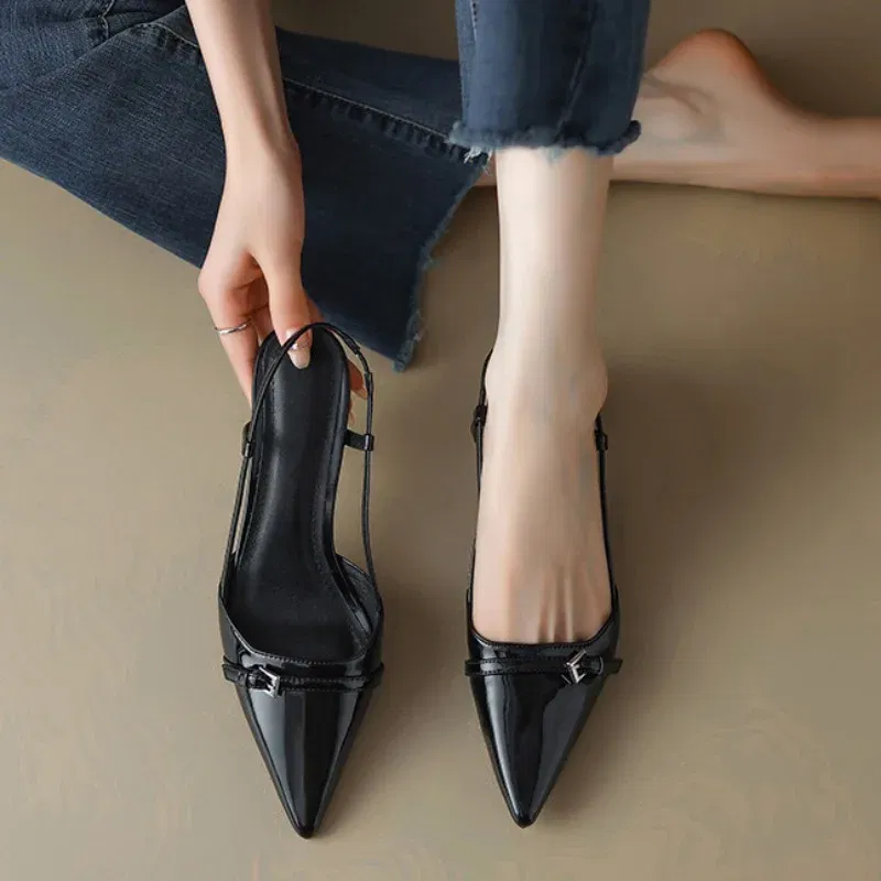 Color: black, Shoe Size: 36 - 2024 New Summer Women's Dress Shoes Patent Leather Slip on Pointed Toe Sandals Buckle Slingbacks Mid Heels Pumps Sandalias Mujer