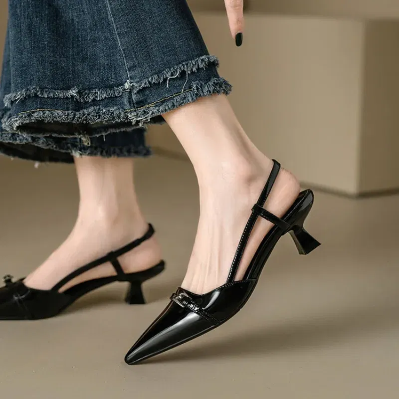 Color: black, Shoe Size: 36 - 2024 New Summer Women's Dress Shoes Patent Leather Slip on Pointed Toe Sandals Buckle Slingbacks Mid Heels Pumps Sandalias Mujer