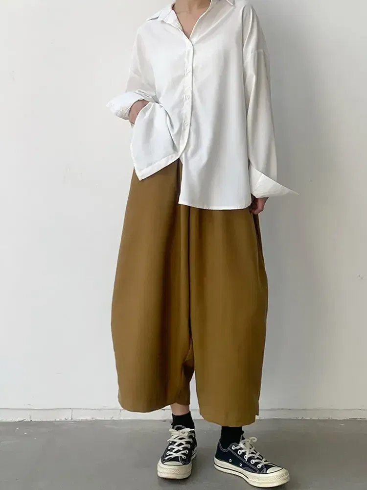 Color: Beige, Size: L - 2023 Autumn Casual Harem Pants Women Cotton High Waisted Trousers Retro Loose Bloomers Women's Oversize Pants Baggy Sweatpants