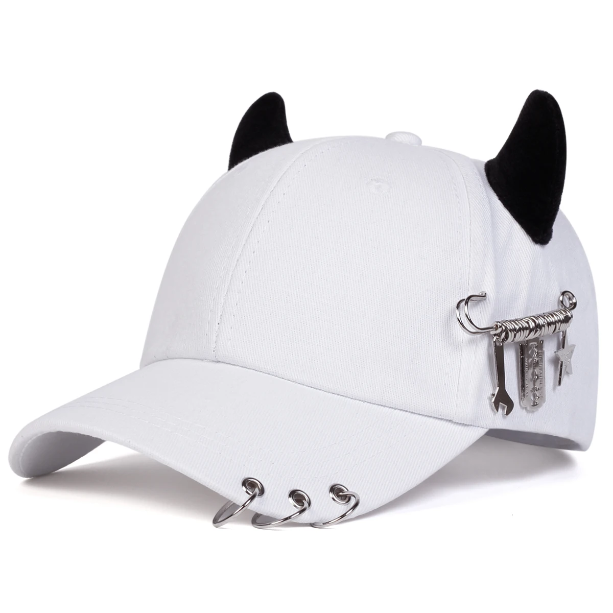 Color: black - Unisex Lron Ring Cow Horn Personality Baseball Caps Spring Autumn Outdoor Adjustable Casual Hats Sunscreen Hat