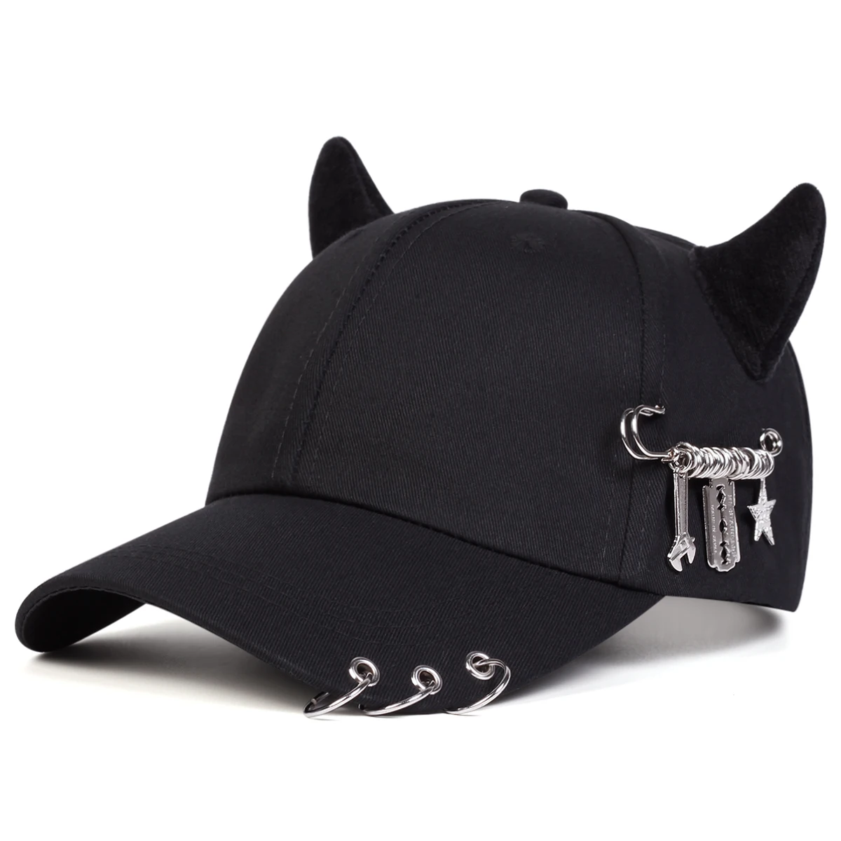 Color: black - Unisex Lron Ring Cow Horn Personality Baseball Caps Spring Autumn Outdoor Adjustable Casual Hats Sunscreen Hat