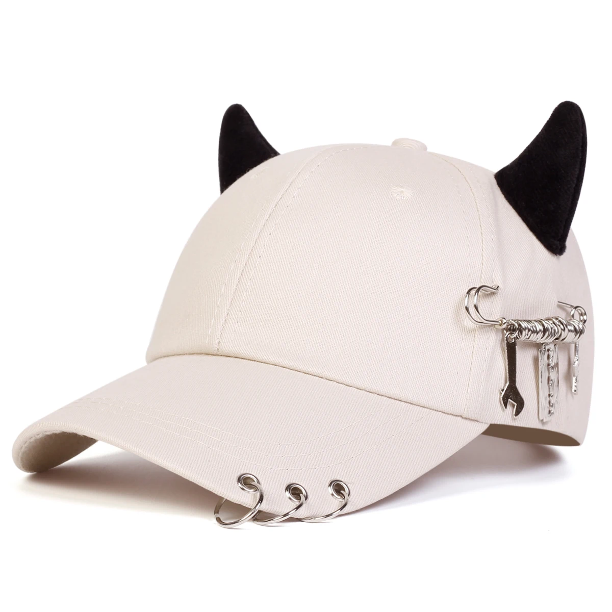 Color: black - Unisex Lron Ring Cow Horn Personality Baseball Caps Spring Autumn Outdoor Adjustable Casual Hats Sunscreen Hat