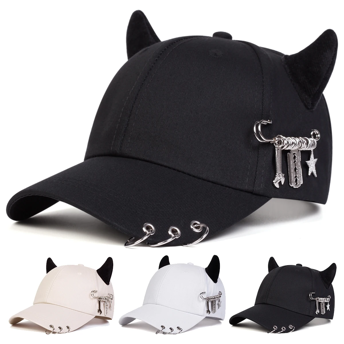 Color: black - Unisex Lron Ring Cow Horn Personality Baseball Caps Spring Autumn Outdoor Adjustable Casual Hats Sunscreen Hat