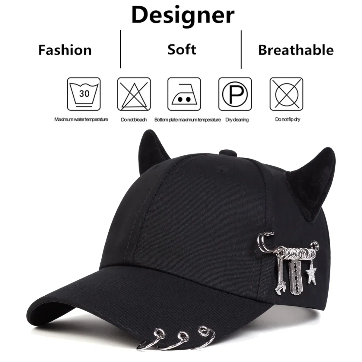 Color: black - Unisex Lron Ring Cow Horn Personality Baseball Caps Spring Autumn Outdoor Adjustable Casual Hats Sunscreen Hat