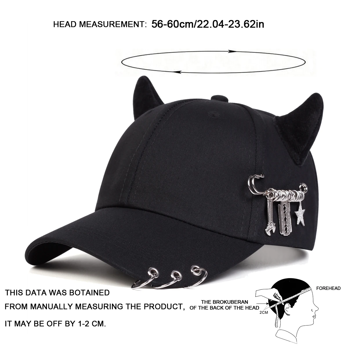 Color: black - Unisex Lron Ring Cow Horn Personality Baseball Caps Spring Autumn Outdoor Adjustable Casual Hats Sunscreen Hat