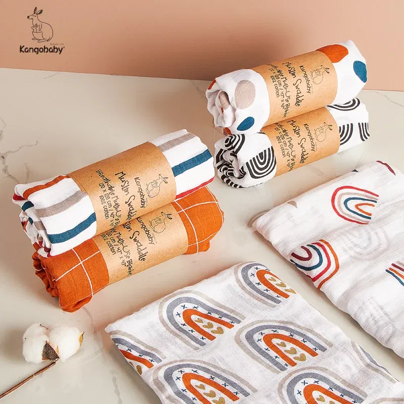 Color: MULTI - Kangobaby New Design 2pcs Set Double Layers 100% Cotton Newborn Baby Muslin Swaddle Blanket