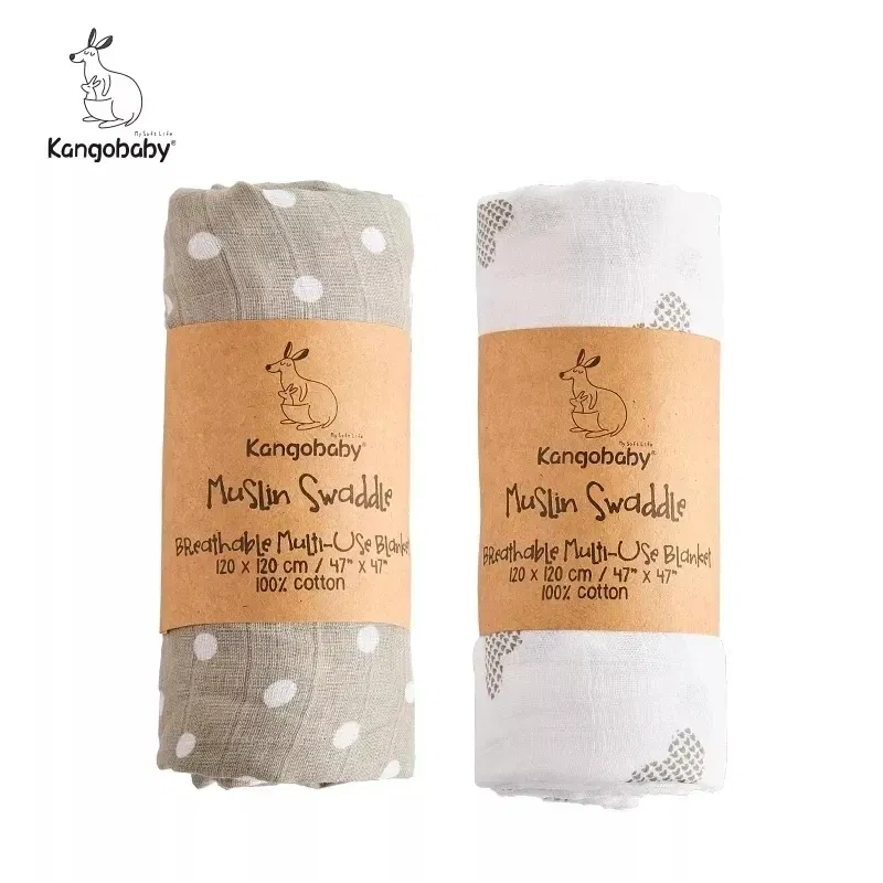 Color: MULTI - Kangobaby New Design 2pcs Set Double Layers 100% Cotton Newborn Baby Muslin Swaddle Blanket